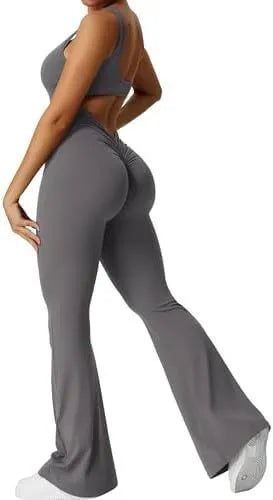 Women's sleeveless flare jumpsuit long pants in Army Green colour for yoga fitness.