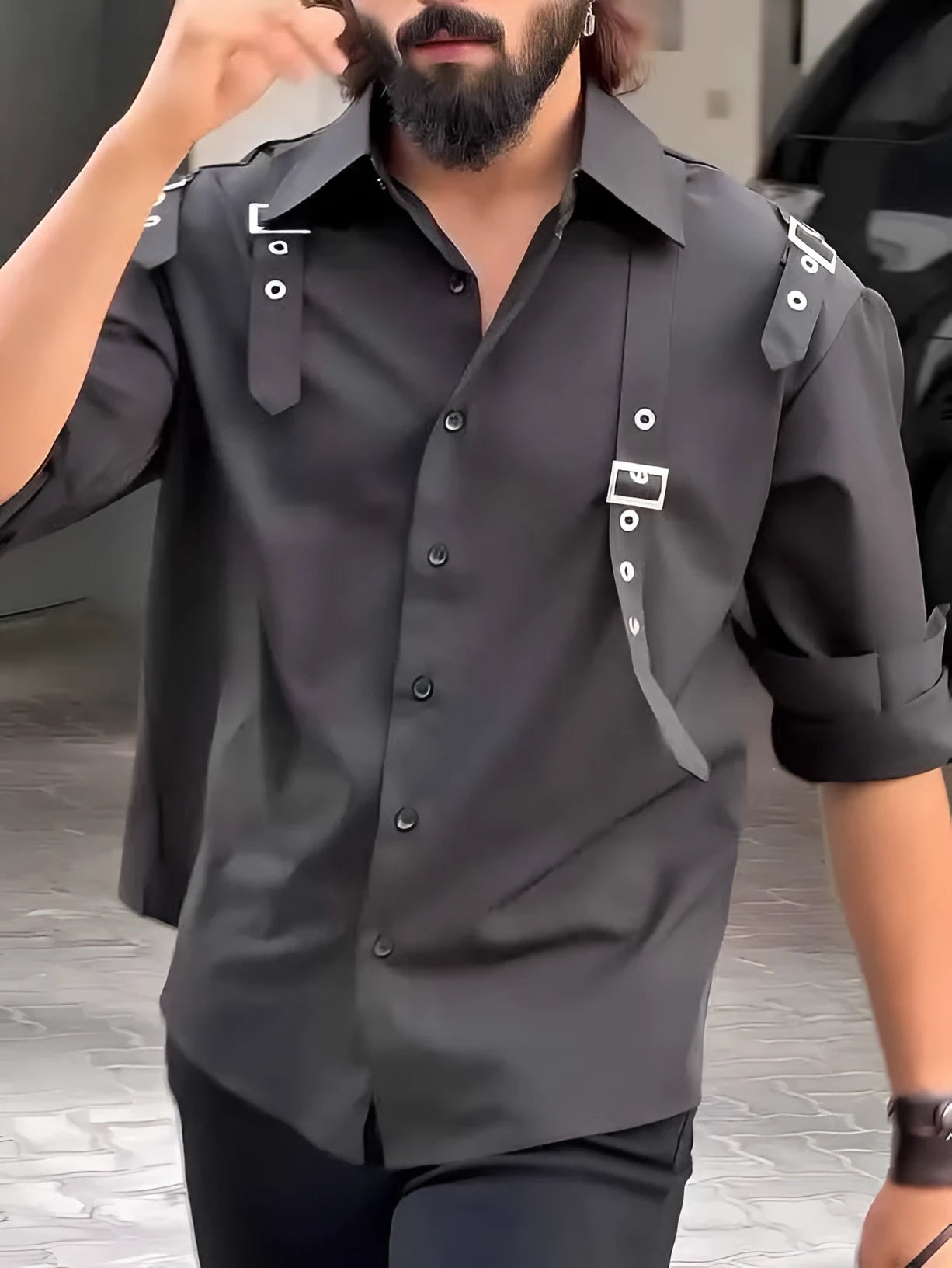 Men's black button-up long sleeve shirt with a regular fit, made from polyester.