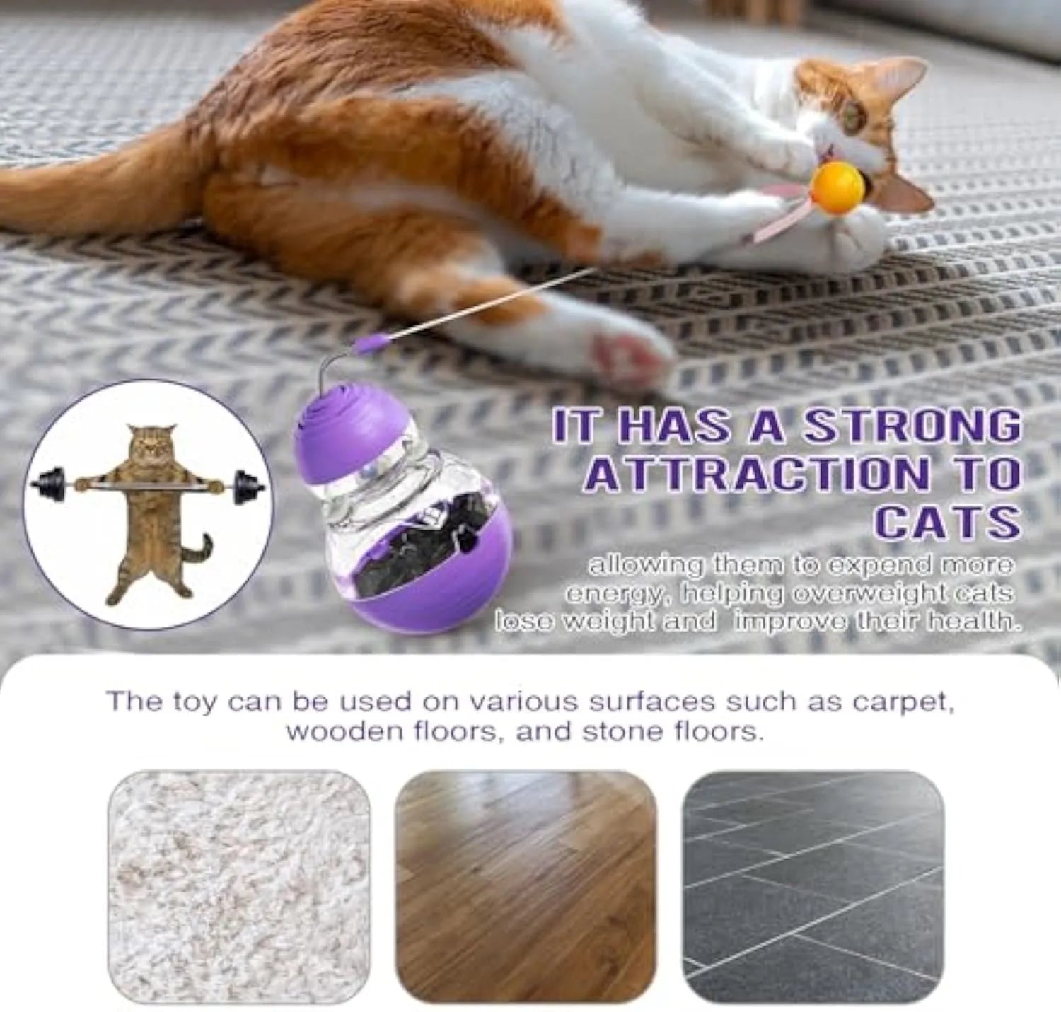 Multi-colour cat interactive toy with rocking base, slow feeder compartment, and bouncing teaser wand with plastic ball attachment