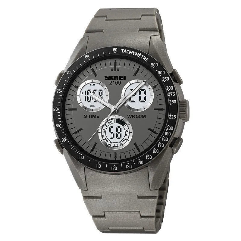 Electronic casual watch with camouflage pattern, resin mirror, and TPU strap showing 50m waterproof rating