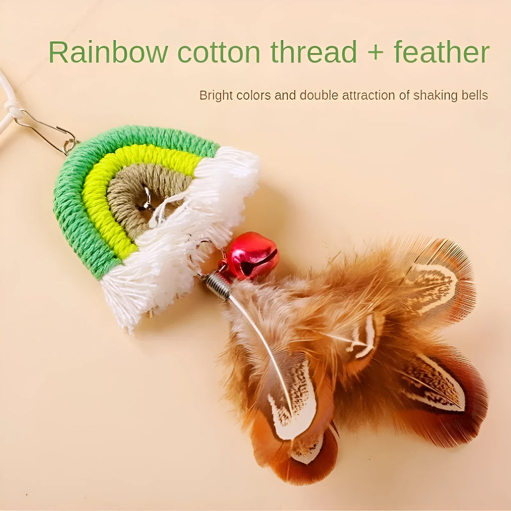 Colourful feather cat rope toy hanging from a door with elastic swing and sticky buckle clamp