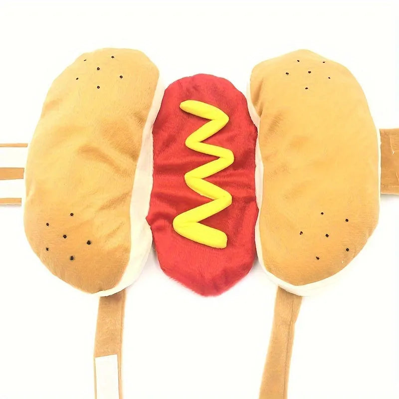 Brown and beige hot dog costume for a small dog, showing fleece material and Velcro closure.
