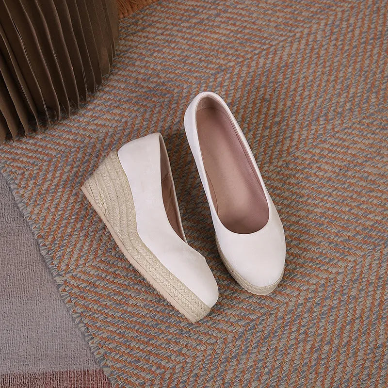 Women's wedge heel pumps with thick rope platform soles and shallow cutout vamp in three colour options
