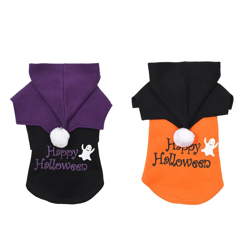 Halloween pumpkin design dog costume with black cotton sweater and orange pumpkin pattern