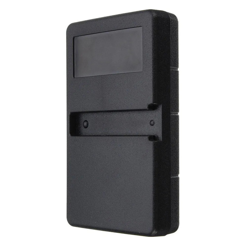 Black plastic three-button garage door remote control for LiftMaster openers.