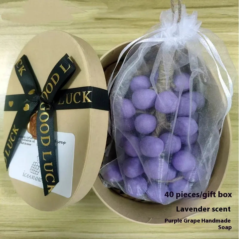 Handmade grape and litchi cleansing soap bars, 120g each, in gift box and mesh bag bulk packaging.