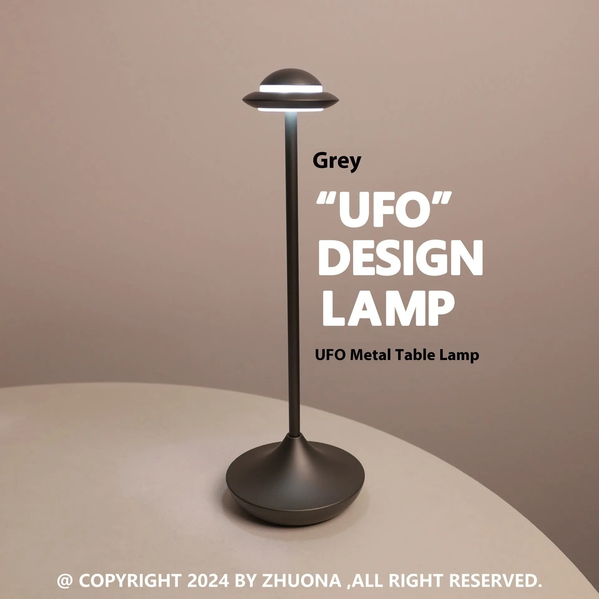 UFO-shaped metal table lamp with touch controls in black, gold, or grey colour options