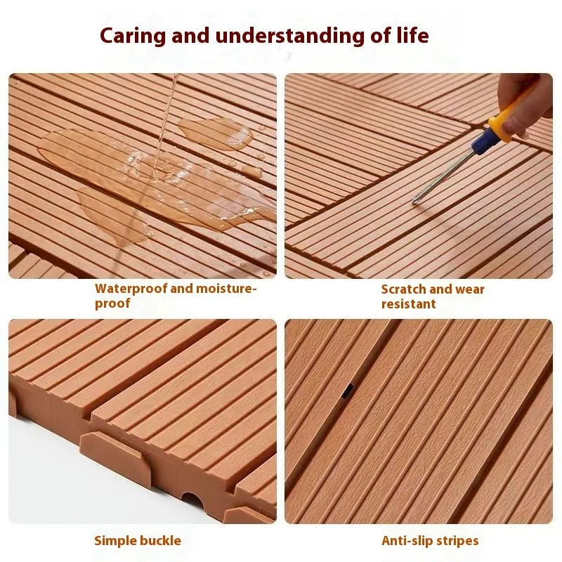 Wood grain plastic floor tiles showing splicing edges, 300mm by 300mm size