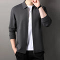 Men's polyester jacket in apricot, black, or dark grey with straight hem and regular sleeves.