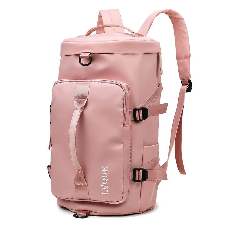 Black waterproof nylon backpack with combination lock, shown as a backpack and shoulder bag, featuring multiple pockets.