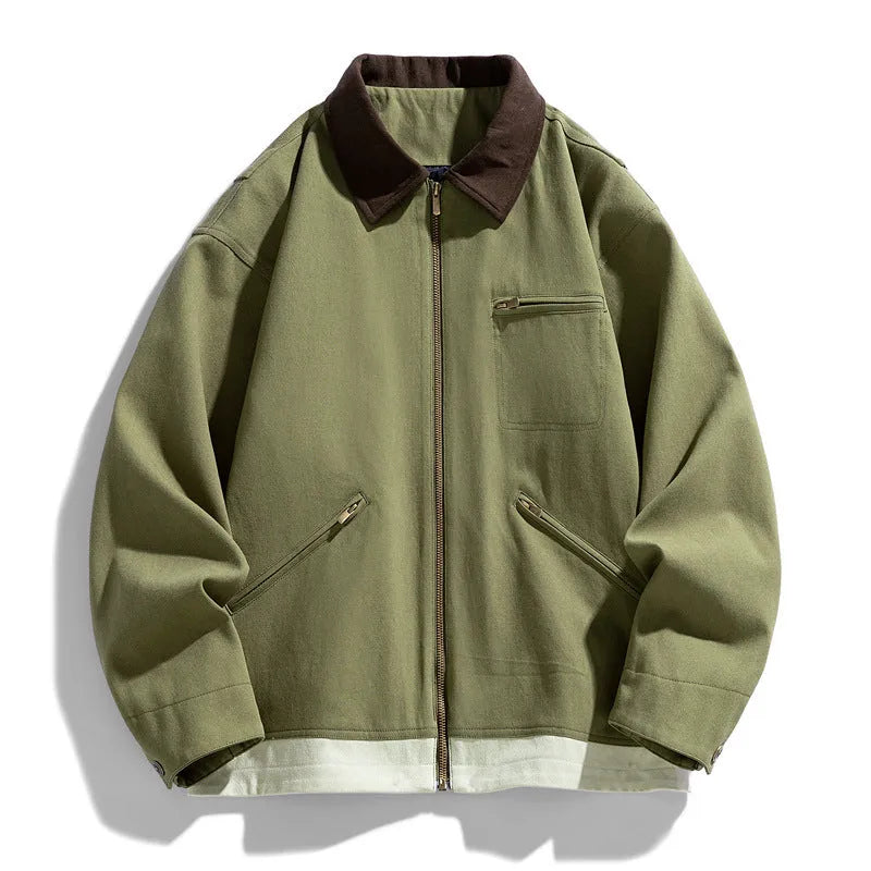 Men's Korean style workwear jacket with contrast lapels in loose fit autumn design