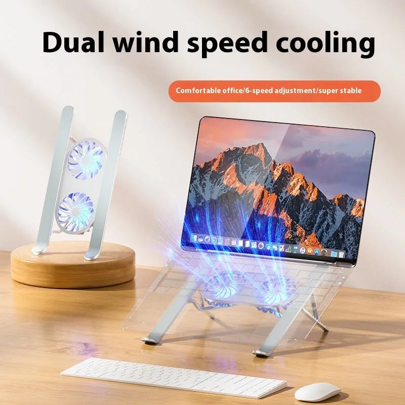 Silver aluminium laptop cooling stand with twin fans in folded and unfolded positions