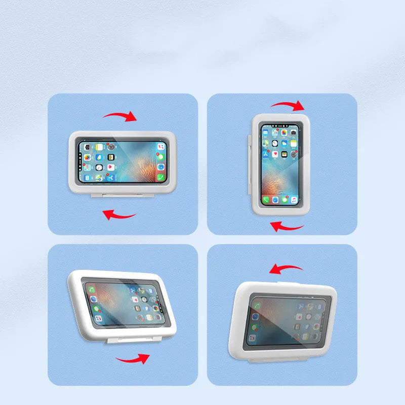 White waterproof phone holder mounted on bathroom tile with phone visible inside