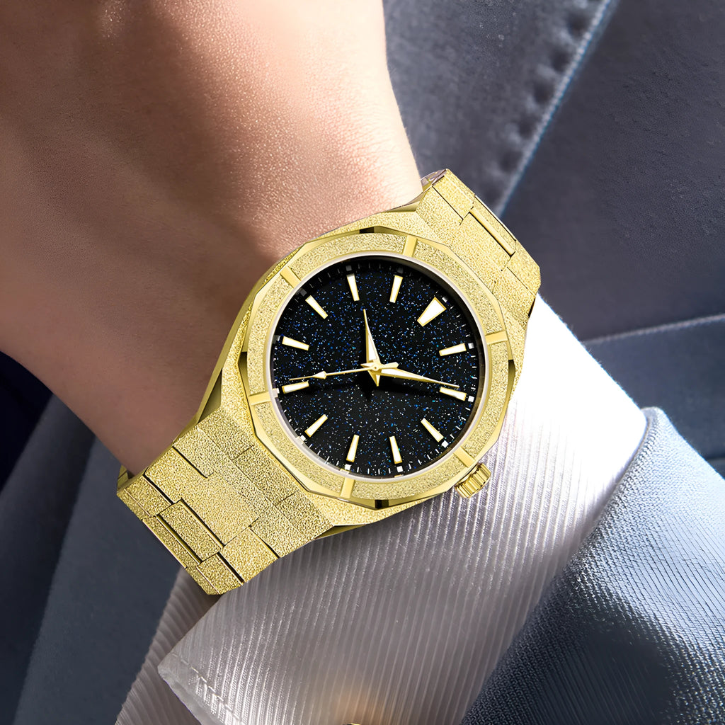 Men's stainless steel business watch with frosted finish and luminous dial in silver gold or black