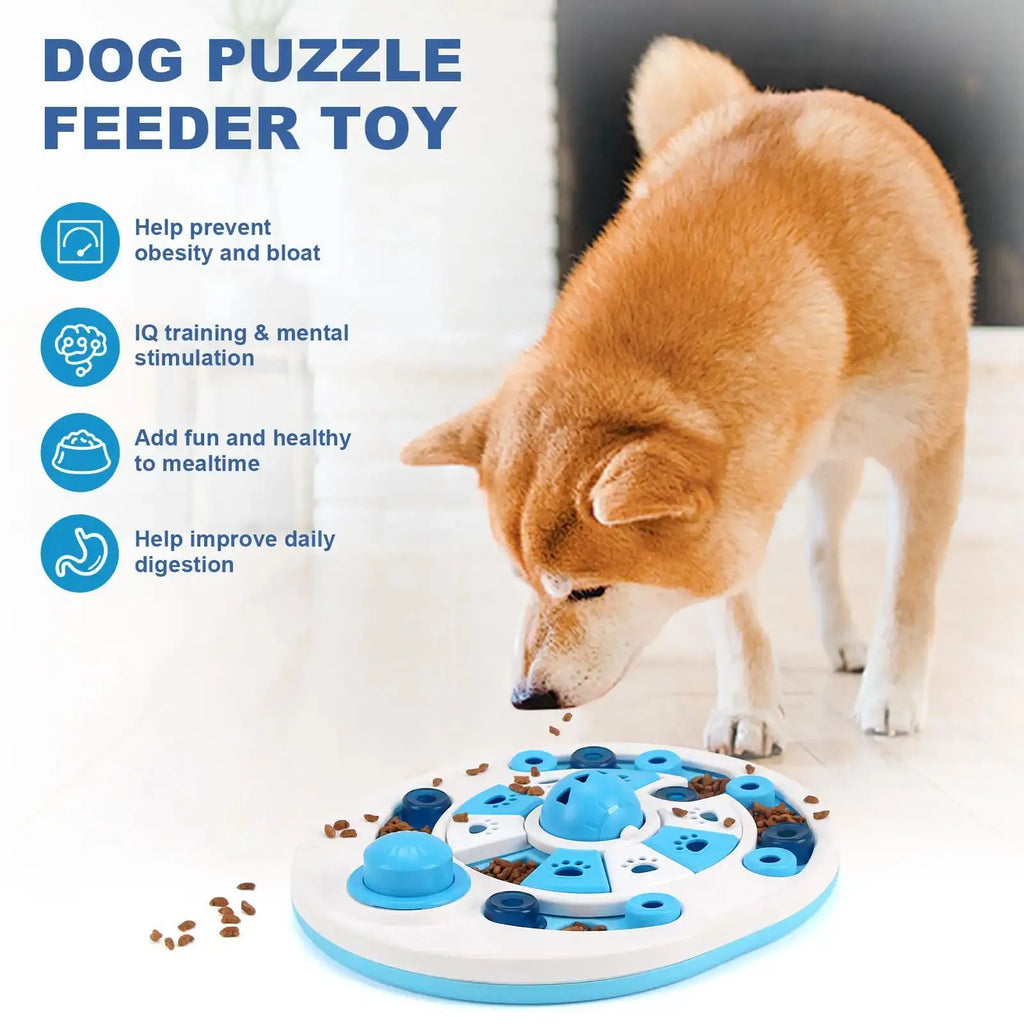 Blue dog puzzle toy with 24 food compartments and spherical bells on a flat surface