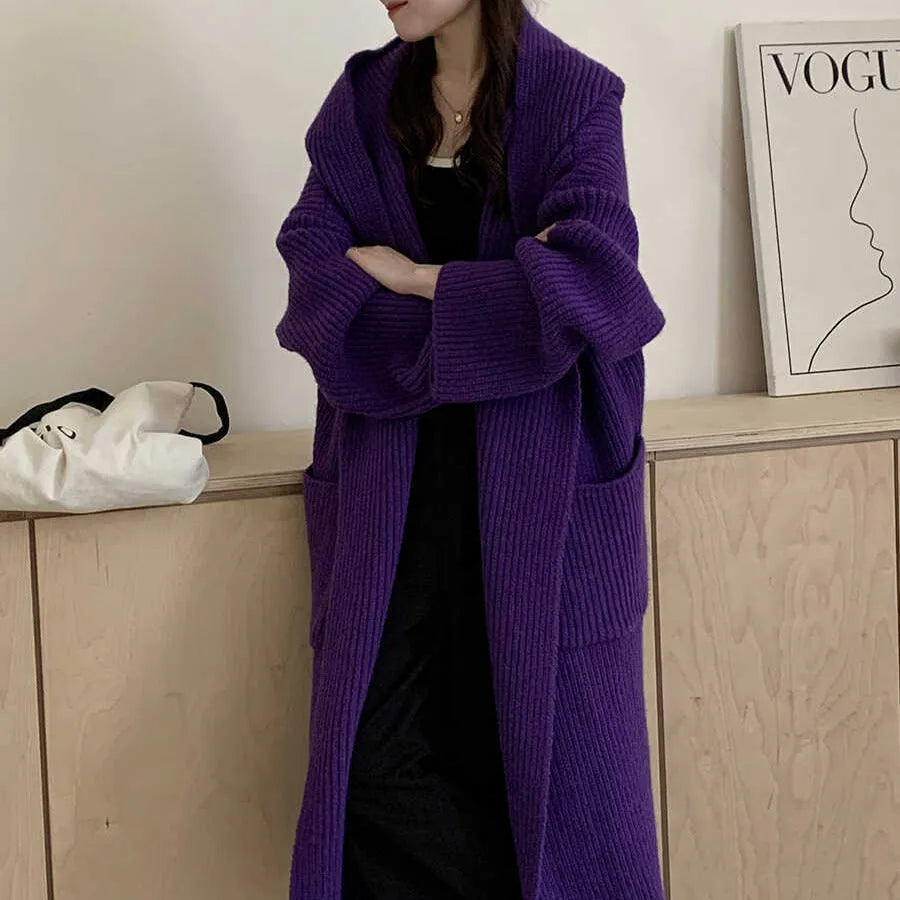 Loose-fit women's hooded cardigan coat in acrylic, shown in milky white colour