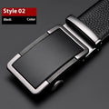 Men's leather automatic buckle belt in gold finish, showing the alloy Comfort Click fastener.