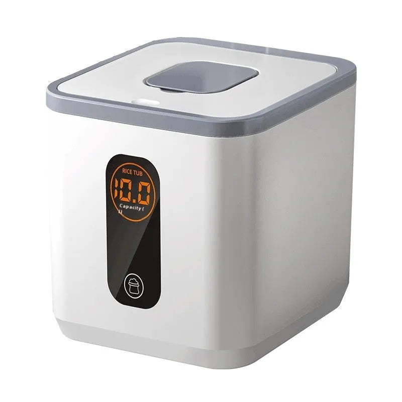 Grey plastic sealed rice storage jar with lid and measuring cup in three size options