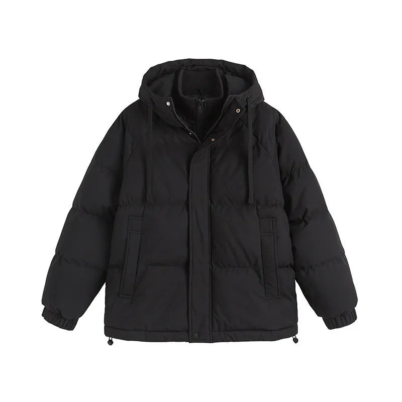 Loose beige cotton-padded jacket with side seam pockets on a hanger