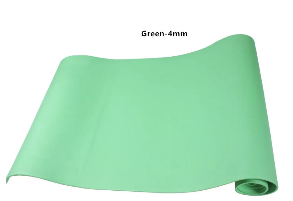 EVA yoga mat in red showing rolled and flat positions, demonstrating 4mm and 6mm thickness options.