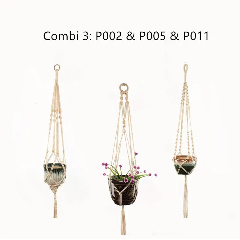 Woven wire plant hanger with cotton rope and jute twine in multiple style configurations