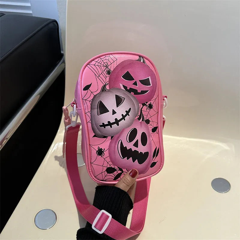 Black Halloween graffiti mini crossbody bag with cartoon pumpkin ghost bat print