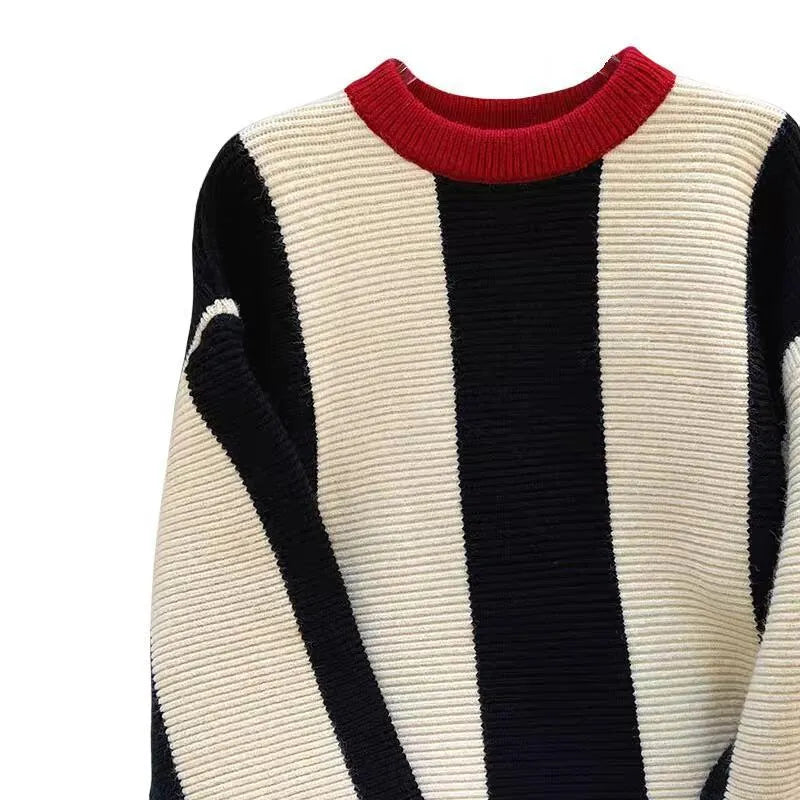 Women's striped cashmere sweater with contrast colour and round neck in Japanese Korean casual style