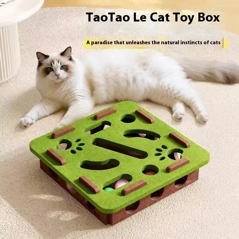 Handmade felt cat toy box with hole for paw interaction in camel white, gray, or green brown
