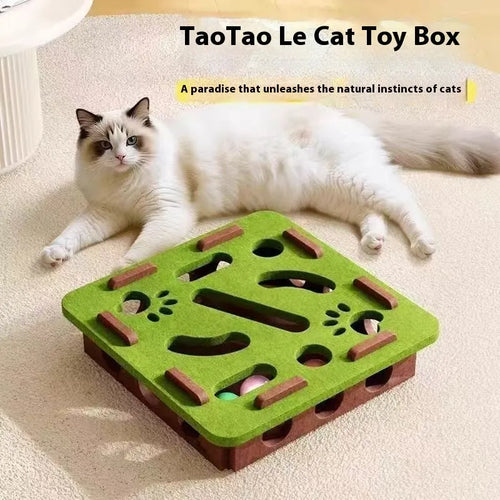 Handmade felt cat toy box with hole for paw interaction in camel white, gray, or green brown