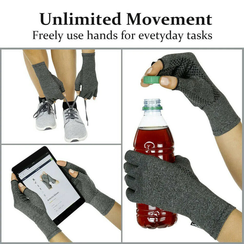 Grey half-finger compression gloves with anti-slip palm, shown in dispensing and non-dispensing styles.
