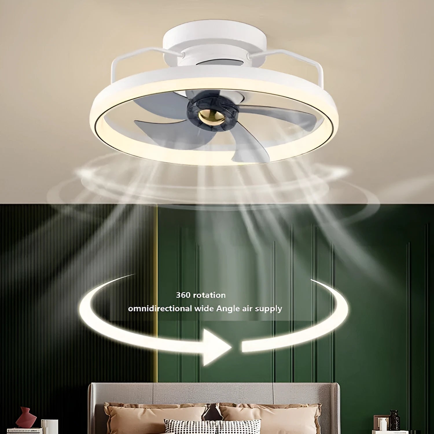 Overhead ceiling fan lamp with light featuring 500mm blades and acrylic lampshade in seven colour options