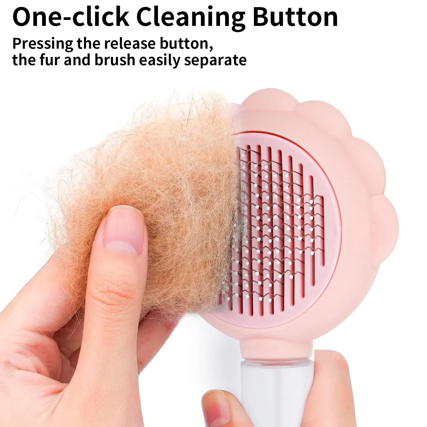 Grey spray cat brush with release button on a white background, showing the bristle head and spray nozzle.