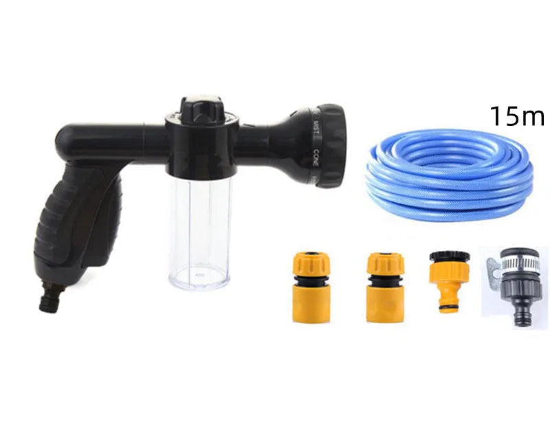 Green high pressure foam spray gun with adjustable nozzle for car washing and household cleaning.