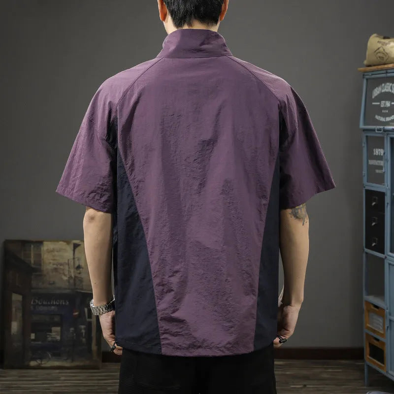 Men's brown Ice Silk business shirt with half-zip stand collar and short sleeves