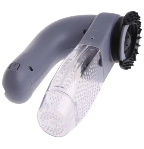 Grey portable electric pet hair removal brush with soft rubber head for grooming dogs and cleaning sofas.