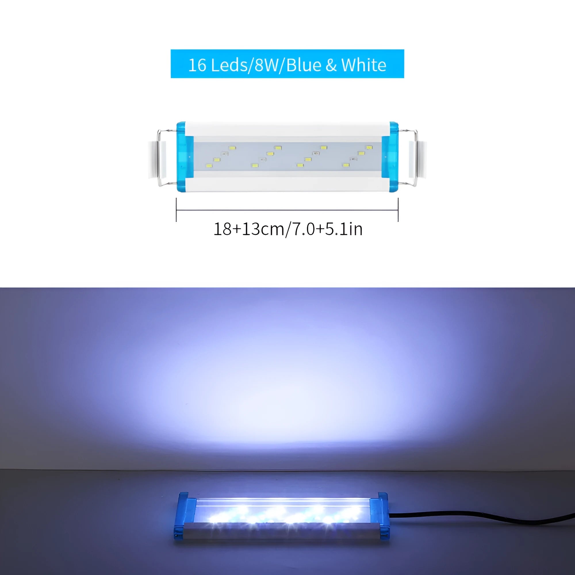Ultra-thin PVC aquarium LED light bar with blue and white lights in multiple lengths for fish tanks.