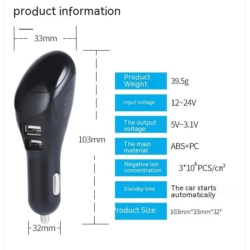 White car USB charger with integrated negative ion purifier showing compact dimensions