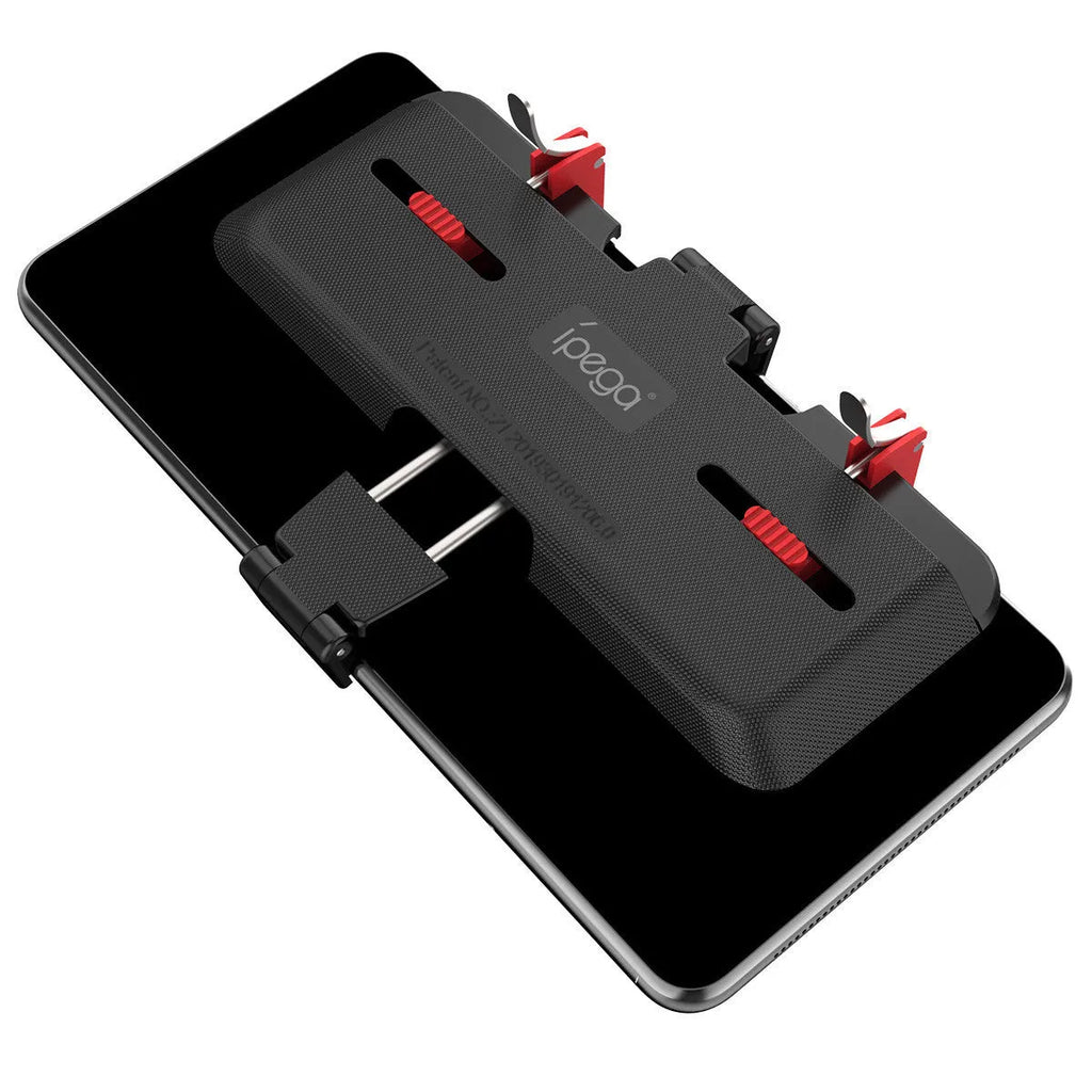 Black gaming phone mount with metal trigger controller and adjustable telescopic clip for 67-87mm wide mobile phones