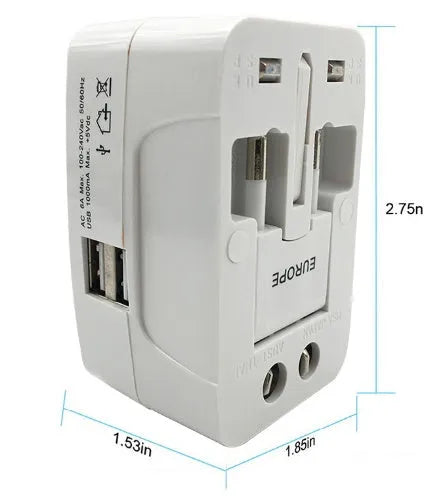 Universal travel plug converter unit showing 73x50x39mm compact dimensions and international plug compatibility