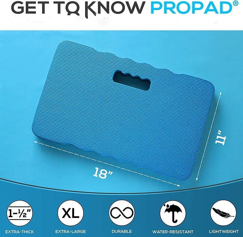 Blue plastic Eva foam garden kneeler pad on soil, showing dimensions for comfortable kneeling support.