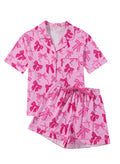 Pink bow print two-piece polyester pajama set with top and trousers