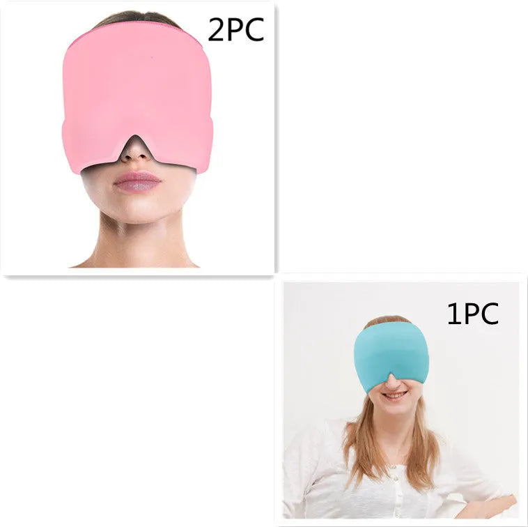 Black reusable gel ice mask for eyes and forehead on a white background