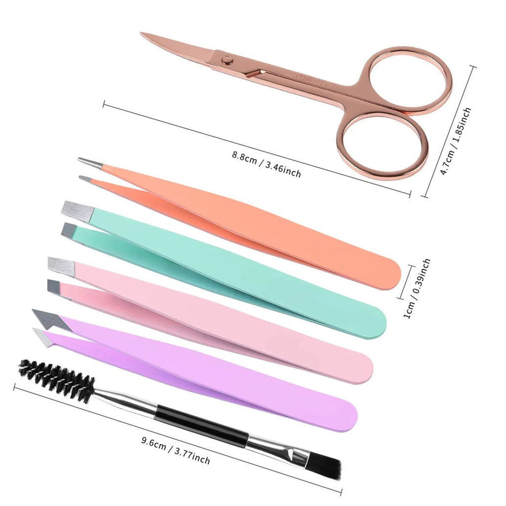 Professional 6-piece stainless steel eyebrow tweezers set with curved scissors in leather case