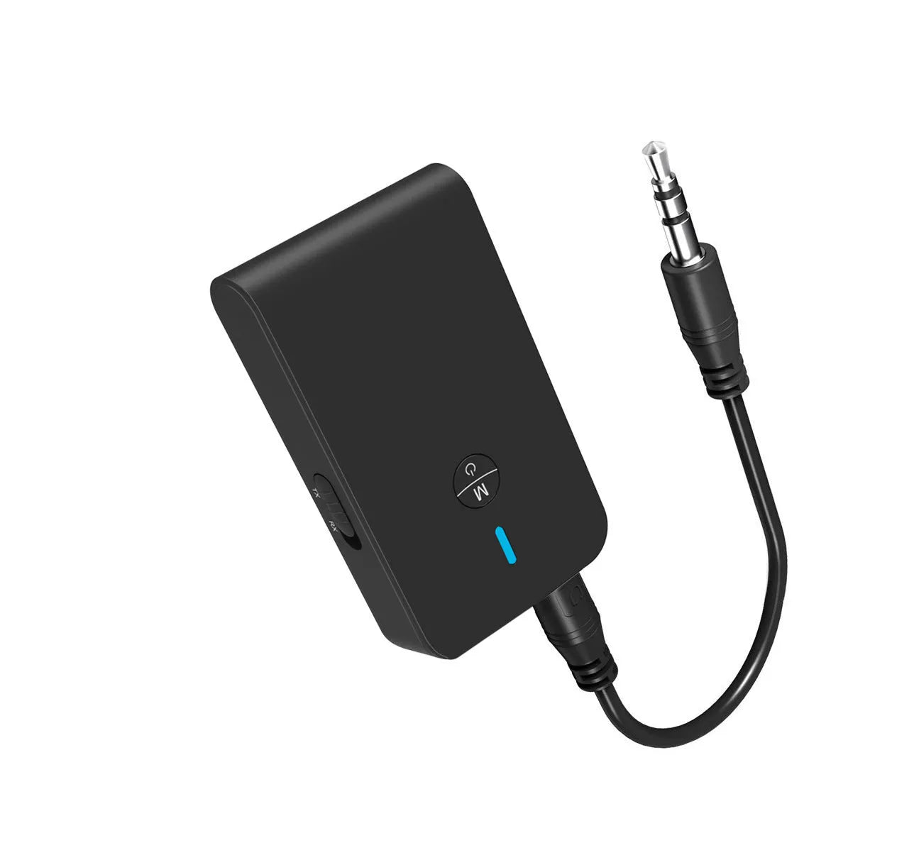Black Bluetooth audio adapter with 3.5mm connector and external power supply