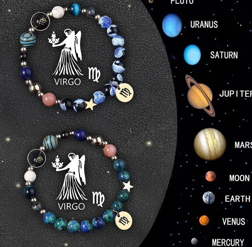 Set of two natural stone beaded zodiac bracelets on a stretch elastic cord.