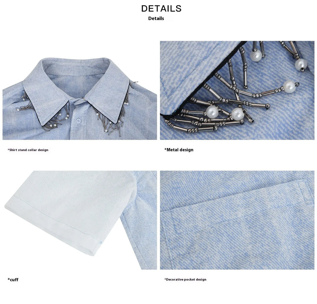 Blue and white gradient men's loose fit short sleeve shirt with quilted texture