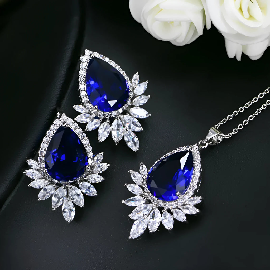 Bridal banquet jewellery set with AAA chain in blue, red and white colour options