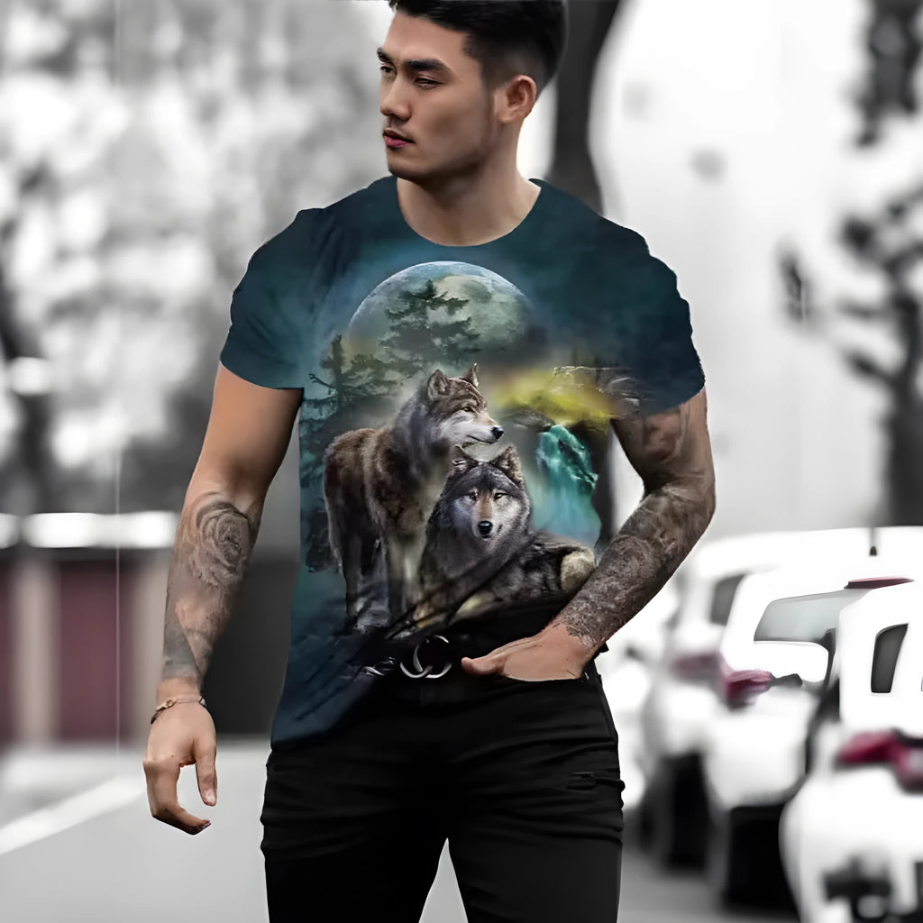 Retro 3D animal graphic printed on a men's grey short-sleeved T-shirt.