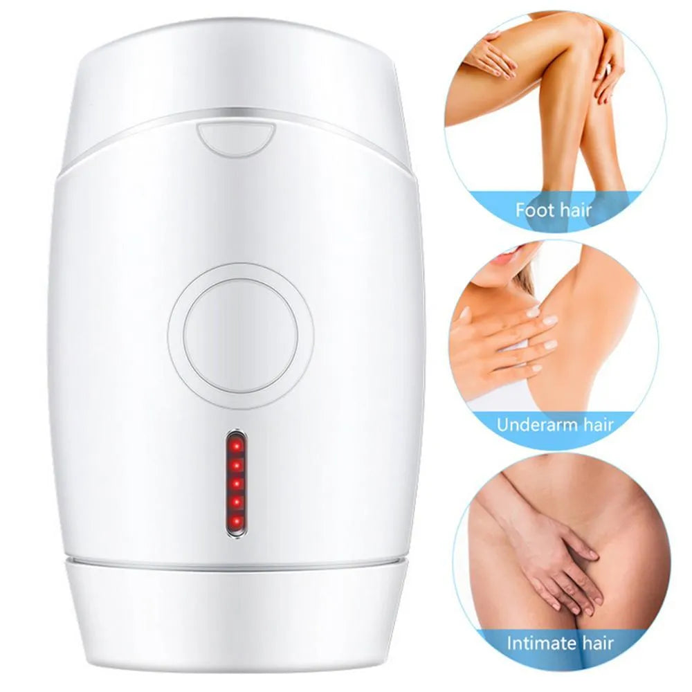 White home laser hair removal device with digital display, shown next to its power adapter and packaging box.