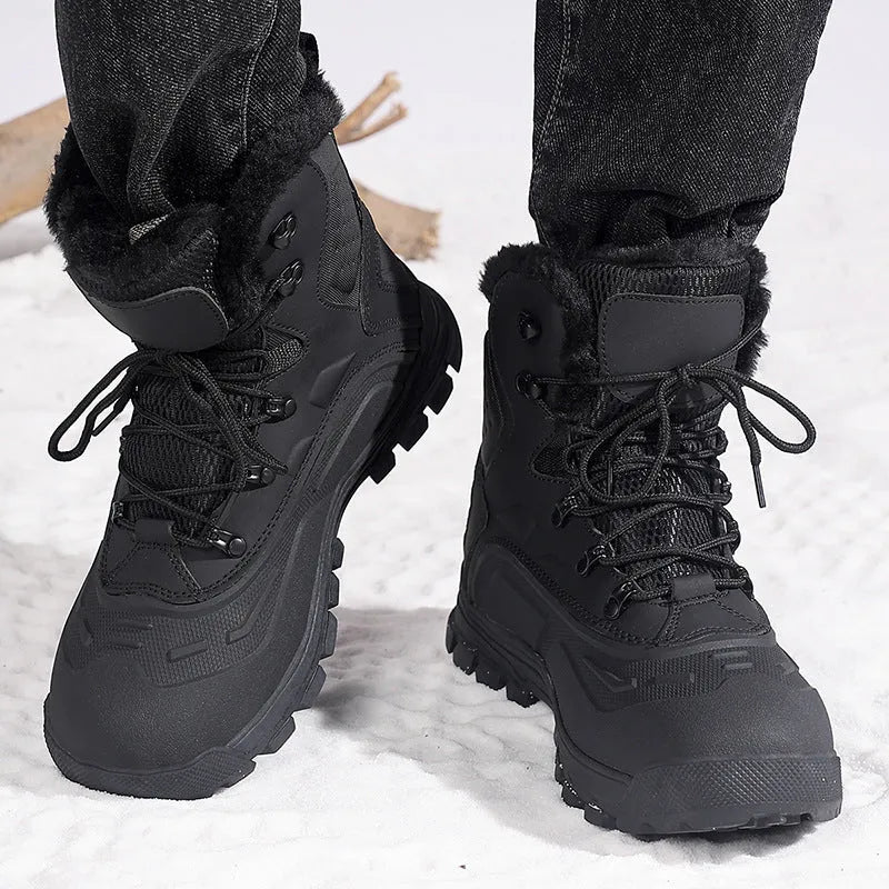 Men's black fleece-lined high-top boots with khaki velvet lining and lace-up front.